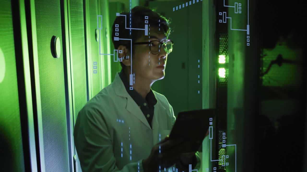Animation of circuit board and data processing over asian male it engineer by computer servers