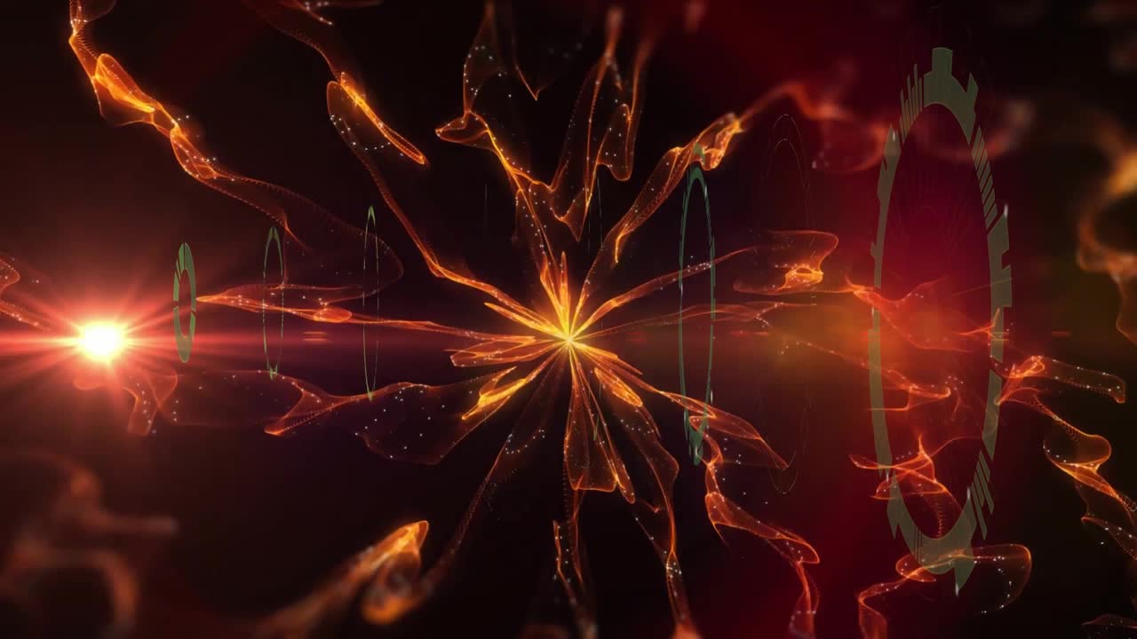 Animazione di scansione di un mirino su forme arancioni e punto luce.