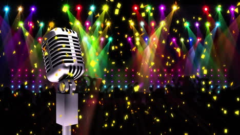 microphone with colorful lights and confetti animation over dark background