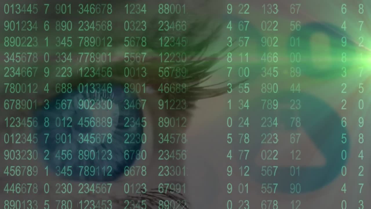 Animation of data processing with medical icons over woman's eye in background