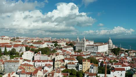 flying above red roofs towards the church of sao vicente of fora