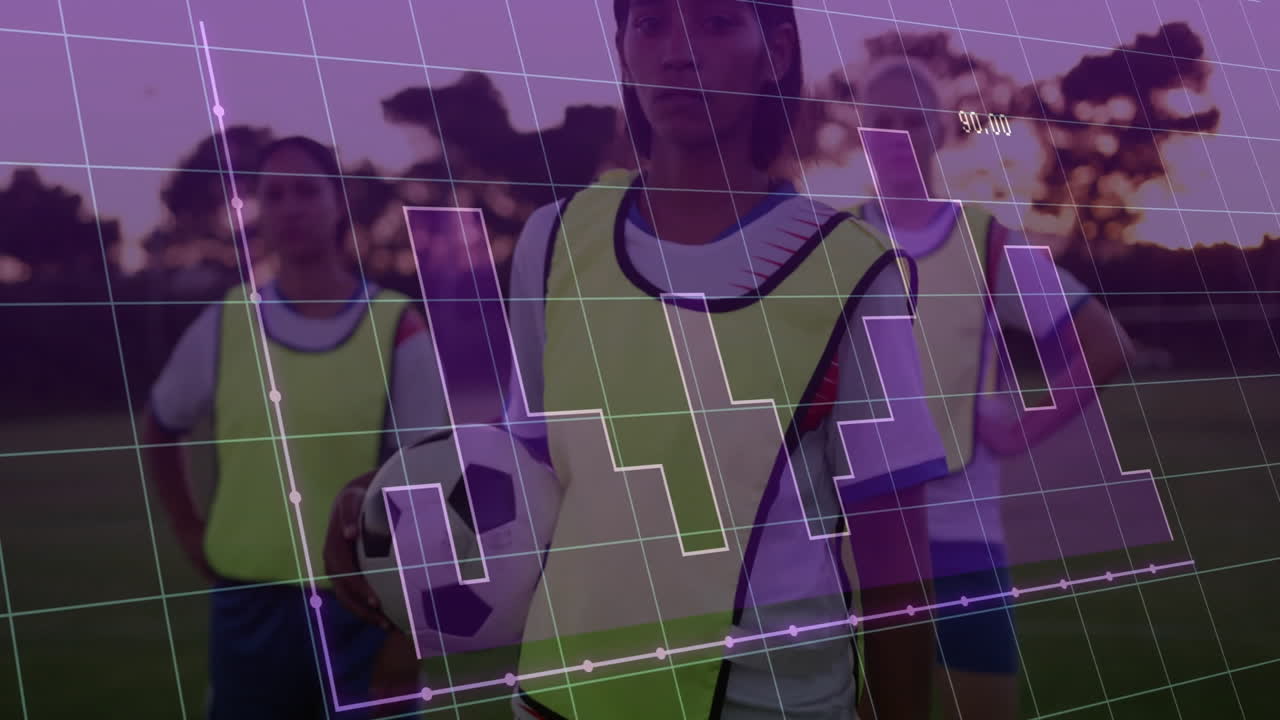 Graph animation over soccer players in training vests on field