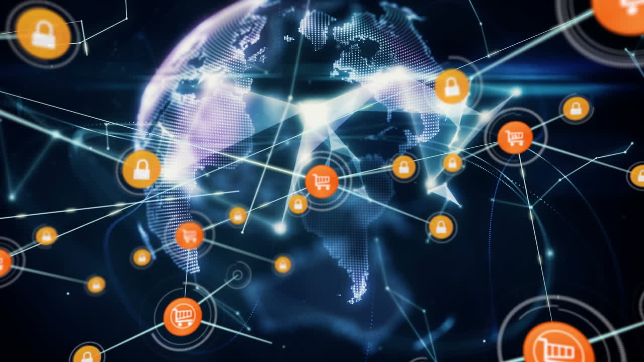 animación de una red de iconos digitales y un globo de redes de plexo sobre manos cubiertas