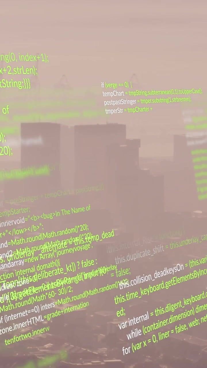 Animation of looping computer language over fog covered modern city against sky