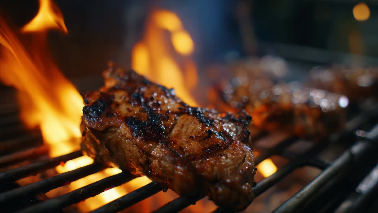 Sizzling Steak Grill Time: Captivating Frames of Juicy Grilled Steaks Over Fiery Flames in a Backyard Barbecue, Showcasing the Essence of Perfectly Cooked Meat with a Delicious Charred Finish