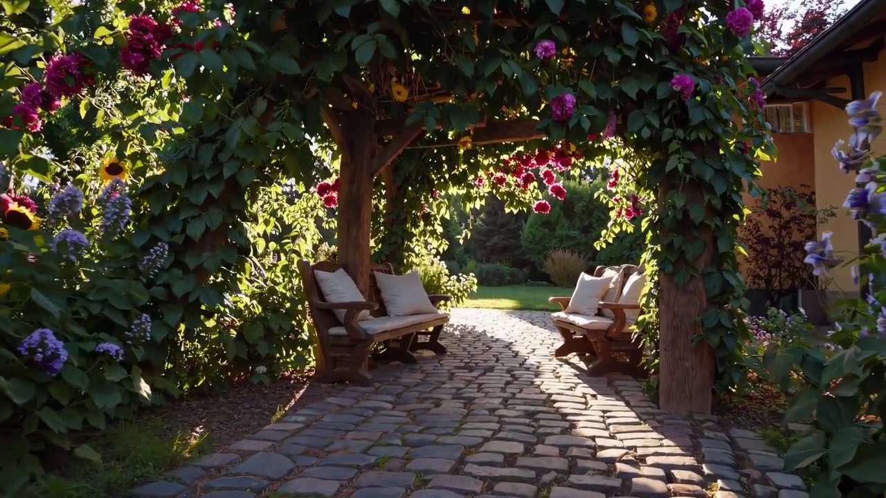 Sendero de jardín soleado con bancos de madera y flores en floración