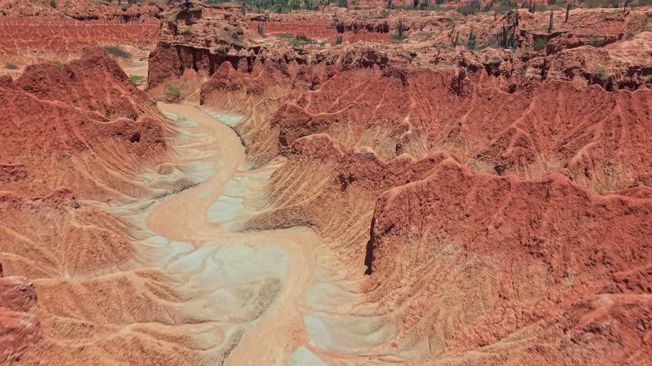Il drone avanza lungo un sentiero segnalato attraverso un terreno eroso, rosso e pallido