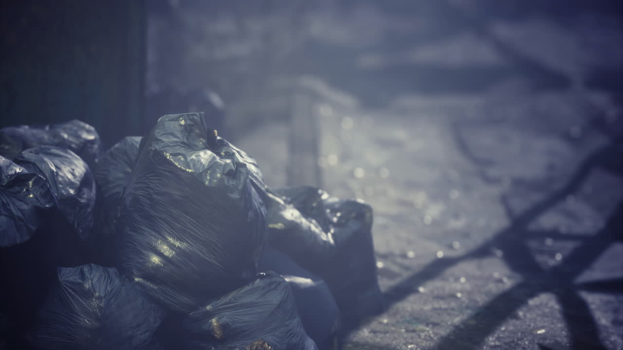 Urban setting with discarded trash bags near a dimly lit street at night
