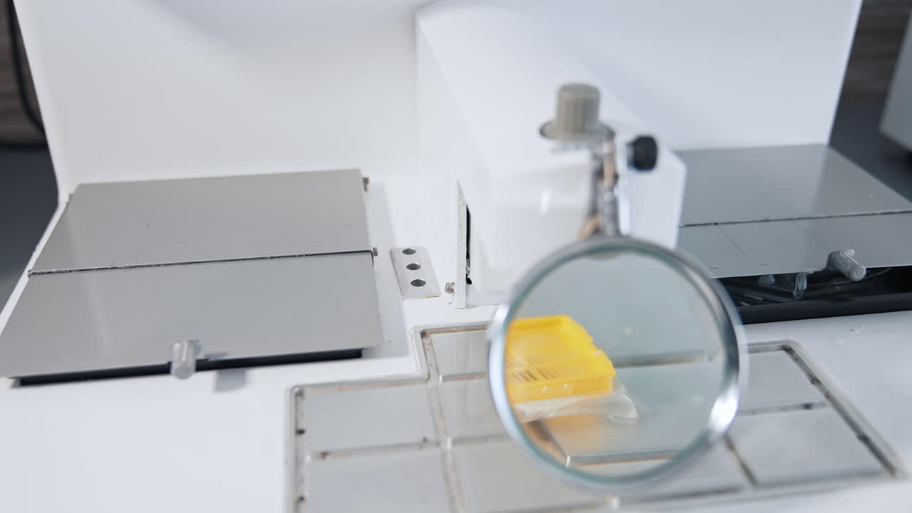 Woman scientist working with modern microscope. Female scientist studies biological samples through the microscope in the laboratory