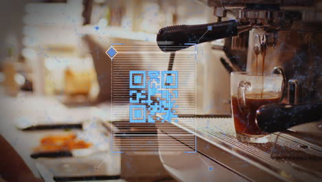 blue qr code scanning with blue web of connections floating over a barista making coffee in a cafe