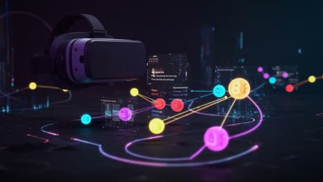 innovative virtual reality experience integrating cryptocurrency and digital interactions through engaging visualizations and futuristic technology elements