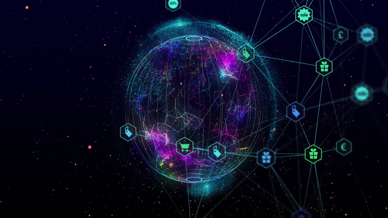 Rete di icone di connessione contro un globo che ruota su sfondo nero