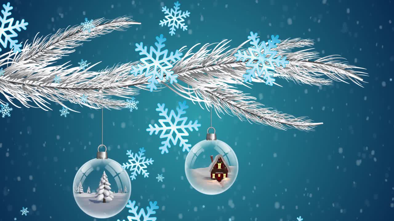 나무 가지 에 매달려 있는 크리스마스 보블 에 떨어지는 눈송이 의 애니메이션