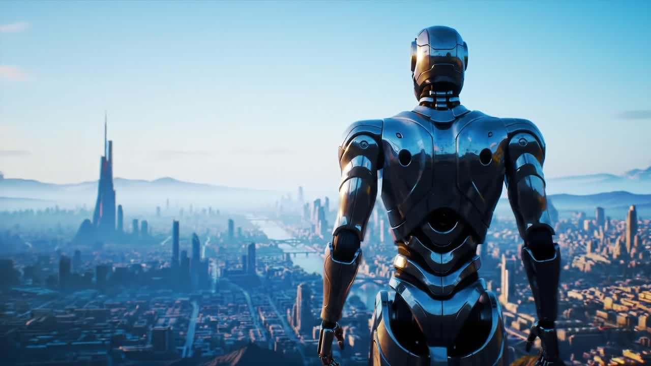 A Futuristic Robot Overlooks an Advanced Cityscape, Gazing at Miles of Gleaming Towers and Natural Wonders in a Stunning Sunrise Setting