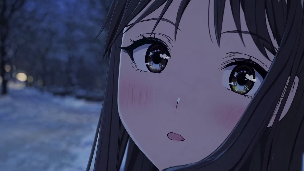 Anime-style close-up of a character's face with a blurred, softly lit street background