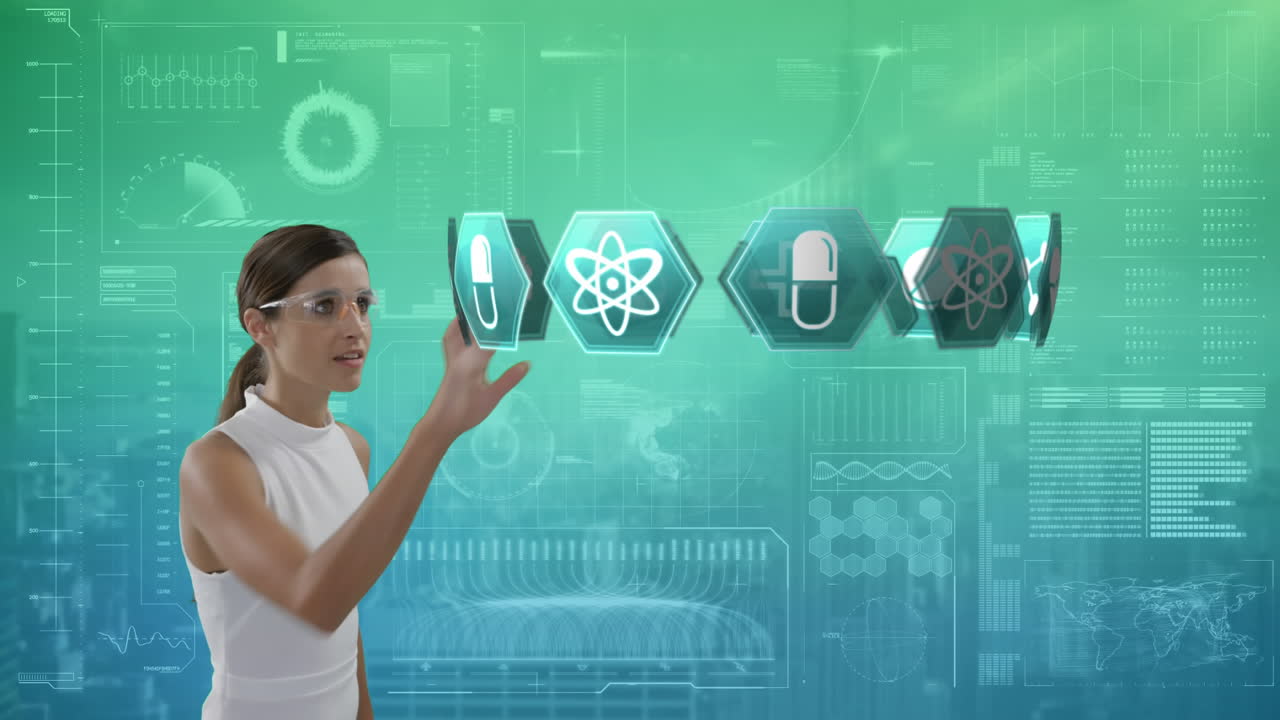 mujer mirando iconos médicos y una interfaz futurista en el fondo