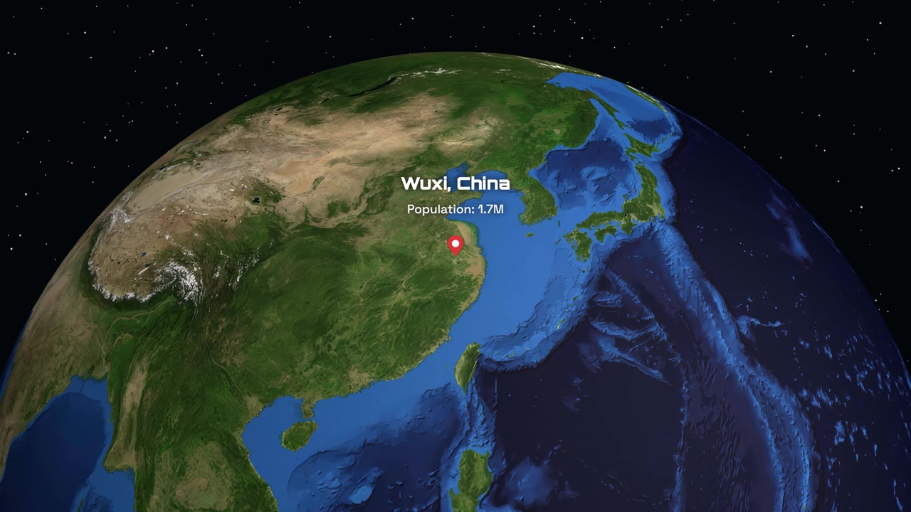 一個數碼地球儀旋轉並放大至中國無錫，在太空背景下顯示人口統計數據。