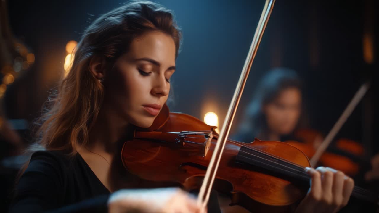 Un'elegante violinista cattura il pubblico con la sua performance appassionata in un'ambientazione incantevole e poco illuminata, circondata da altri musicisti.