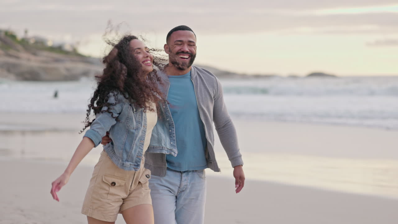 Piggyback, hug and couple at a beach with love