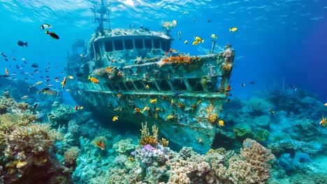 a shipwreck in the middle of a coral reef surrounded by colorful fish