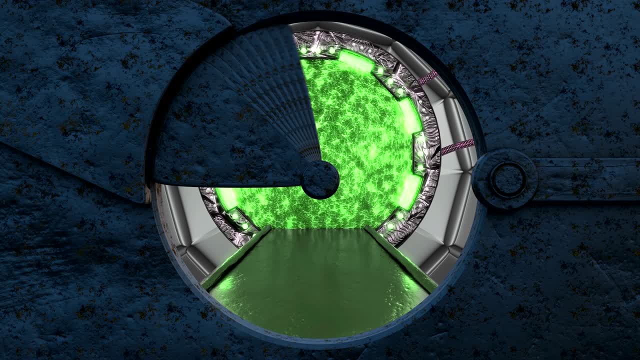 iron rusty hatch는 우주선 풍경 장면에 대한 파노라마 뷰를 열고, 포털과 함께 공상 과학 복도의 3d 추상적인 배경, 기술 제목과 배경에 대한 미래 기술 추상적 vj.