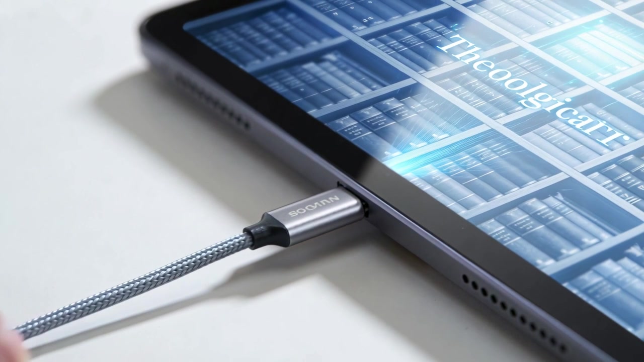 Blå LED lyser, en vuxen hand ansluter en magnetisk USB-C-kontakt till en surfplatta för laddning på ett vitt bord.