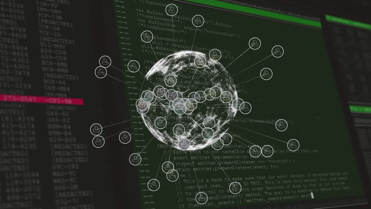 animación de los iconos de perfil sobre un globo giratorio y procesamiento de datos contra un fondo negro
