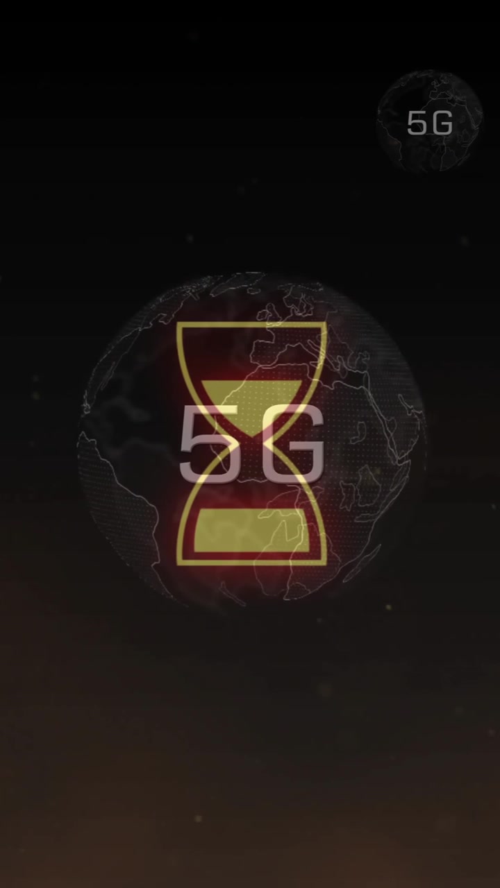 Animation of loading hourglass over globes with 5g on black background