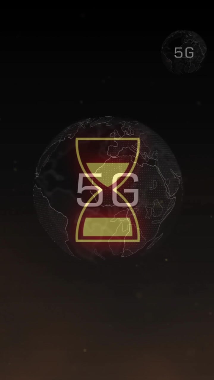 Animation of loading hourglass over globes with 5g on black background