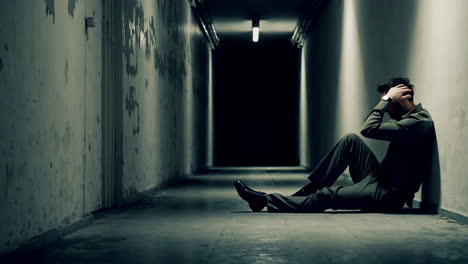 man sitting alone in a dark corridor