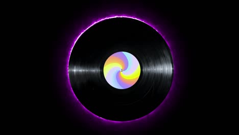 disco de vinilo de línea de neón violeta brillante con pegatina de colores girando en aislado sobre fondo negro. v