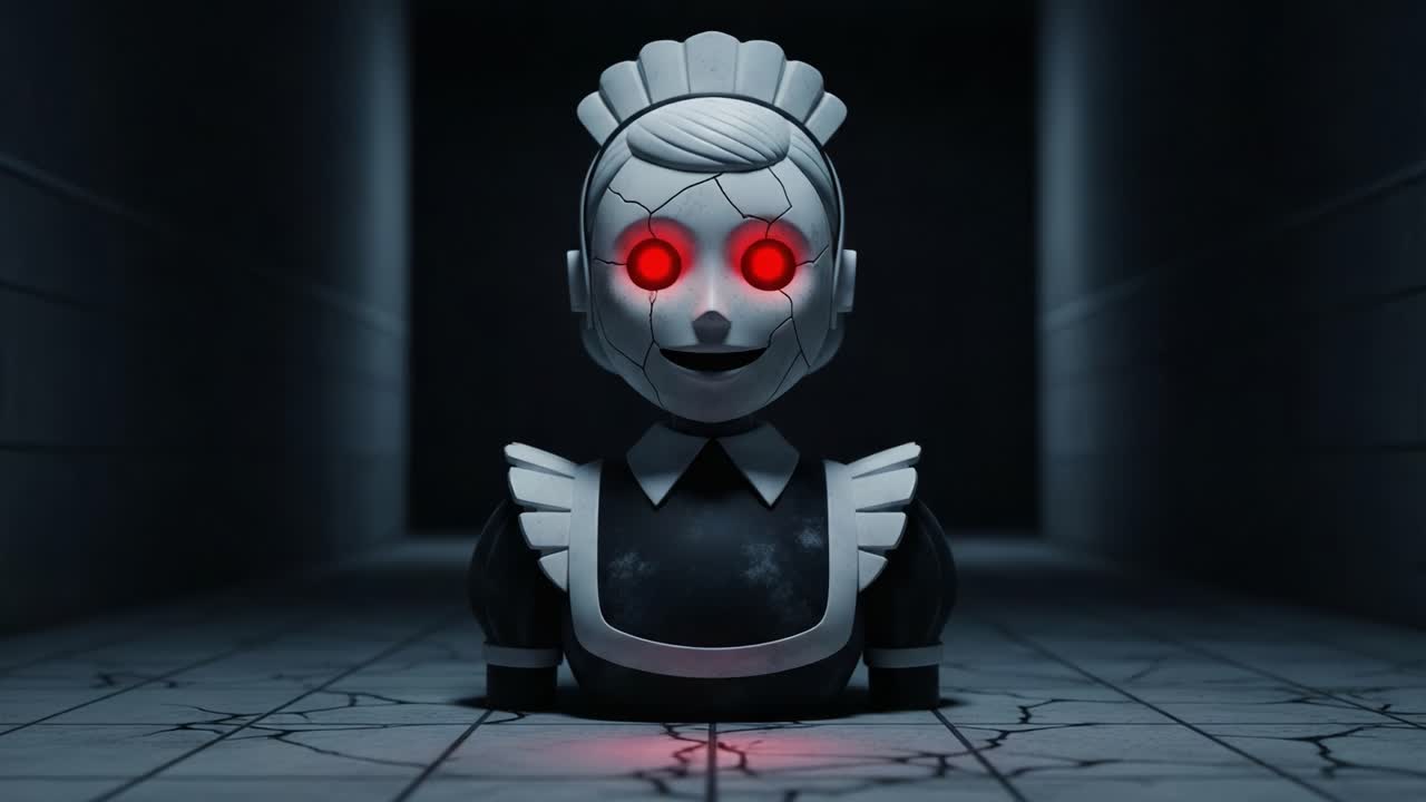 A Dark Encounter with a Sinister Doll: An Eerie Animated Figure with Glowing Red Eyes, Captured in a Hauntingly Empty Corridor Setting
