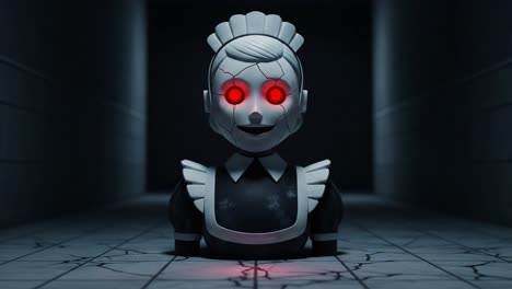 a dark encounter with a sinister doll: an eerie animated figure with glowing red eyes, captured in a hauntingly empty corridor setting