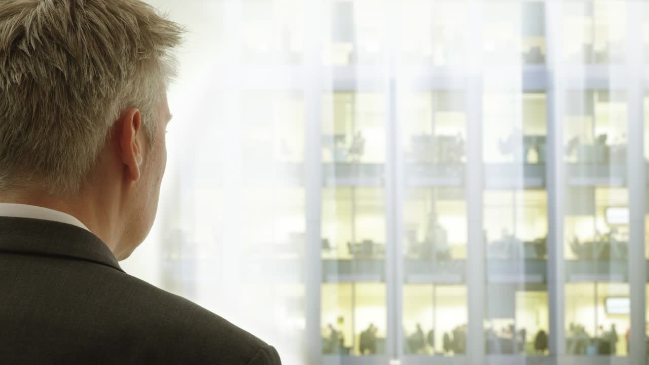 vista trasera de un hombre de negocios mirando por una ventana
