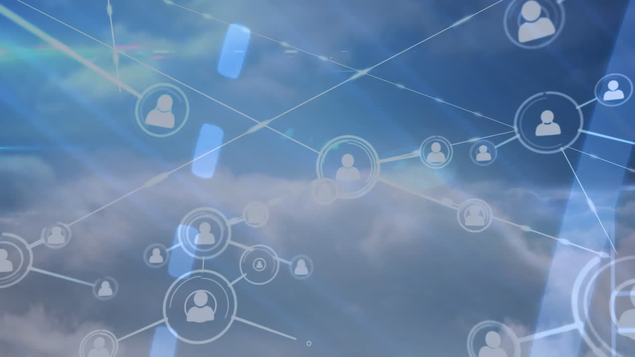 animación de redes de conexiones con iconos en el cielo