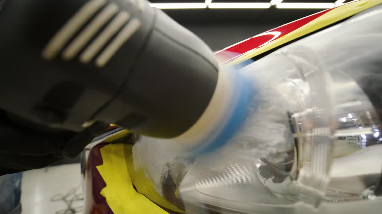 pulido de faros, procesamiento de luces de automóviles. un trabajador de servicio de automóviles pulida el faros de un automóvil de pasajeros. pulido profesional.