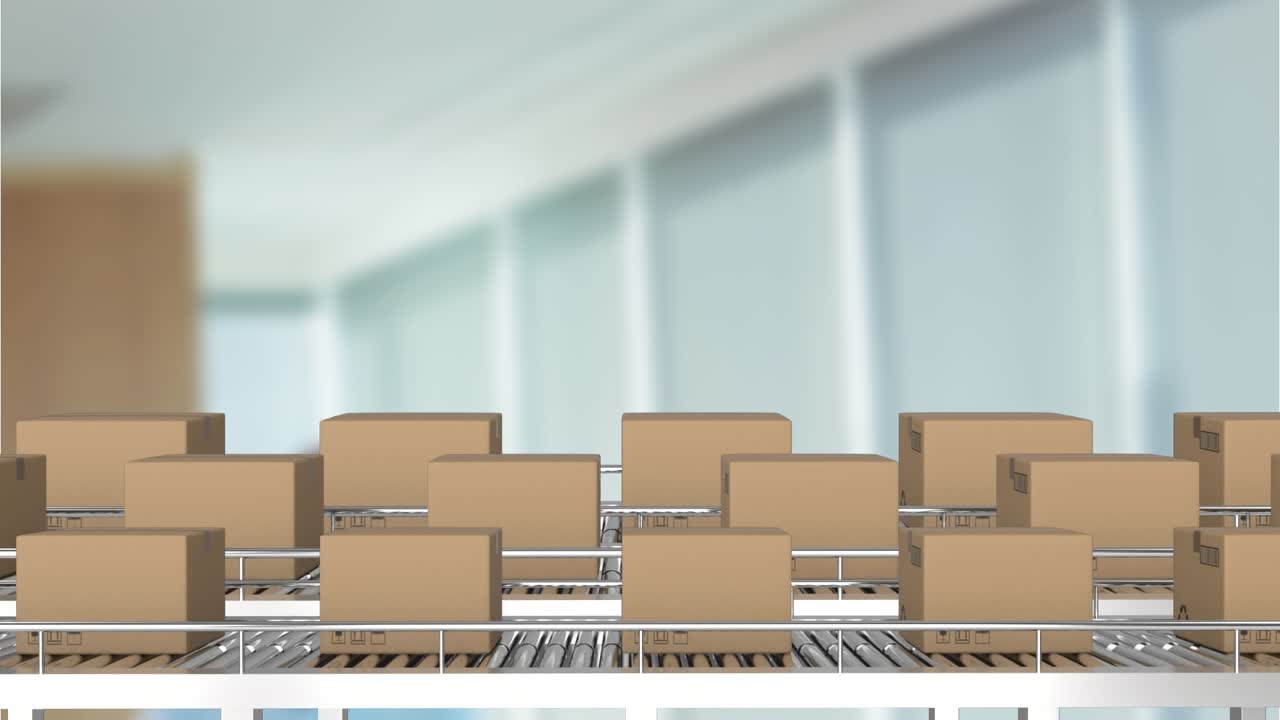 Animation of boxes on conveyor belts in warehouse