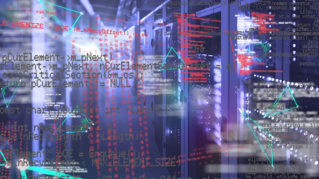 Animation of multiple abstract triangle shapes and data processing against computer server room