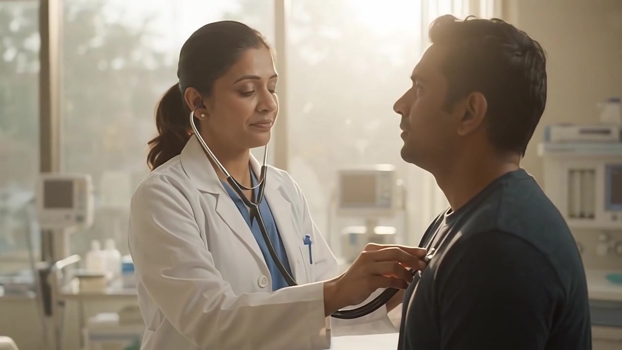 Female Doctor Examining Male Patient with Stethoscope in Hospital
