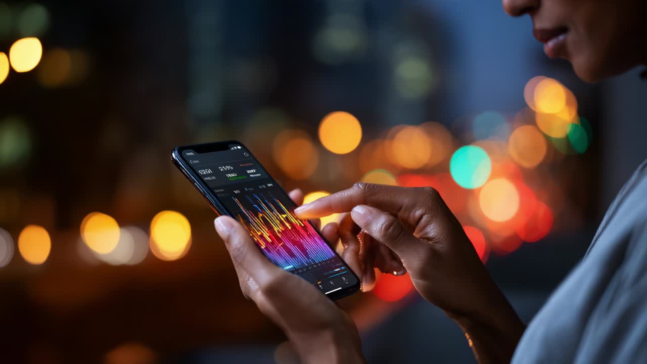 Engaged in Data Analysis: A Close-Up of a Person Interacting with a Smartphone Displaying a Dynamic Digital Graph Amidst a Vibrant Cityscape with Colorful Lights at Dusk