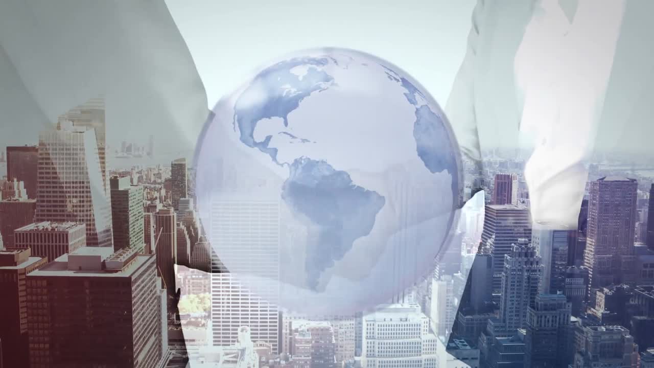 세계가 도시 풍경에 손을 흔드는 사업가와 사업가의 중간 부분을 통해 애니메이션