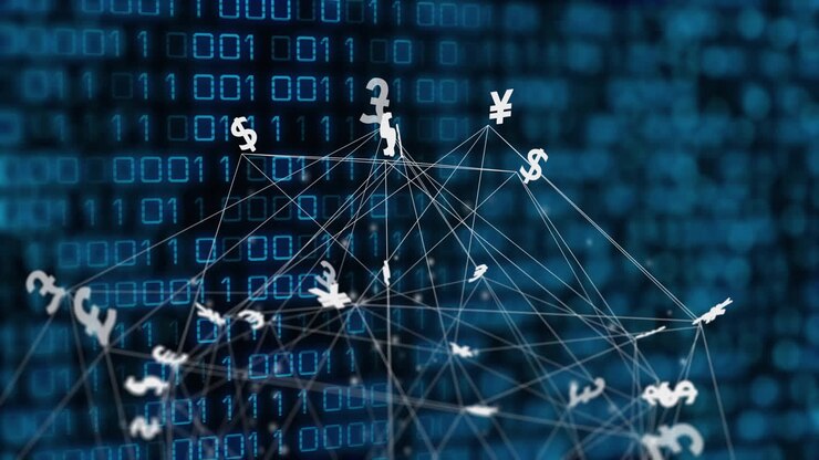 Animation of globe with currency symbols and binary coding data processing