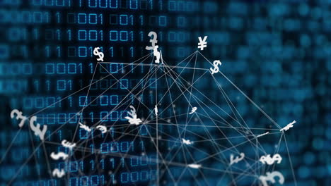 animazione del globo con simboli monetari e elaborazione dei dati in codifica binaria