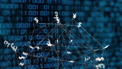 animation of globe with currency symbols and binary coding data processing
