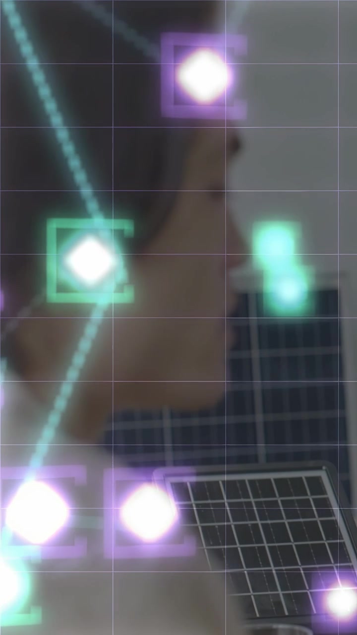 Vertical video: Teal line appearing, woman turning and moving hand to view tech HUD grid on panel