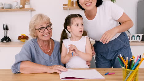 Grandmother,-Mother-And-Little-Girl-Looking-At-Camera-During-A-Video-Call-While-Drawing-Together-At-Table-In-Kitchen