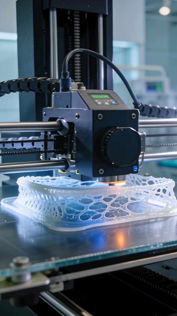 Vertical video: Starting nozzle extruding, FDM printer extruder depositing lattice on glass bed