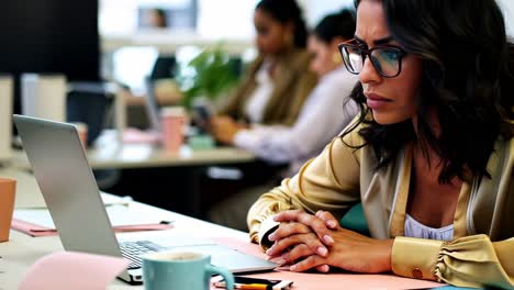 a woman is sitting at a desk with a laptop and a cup of coffee