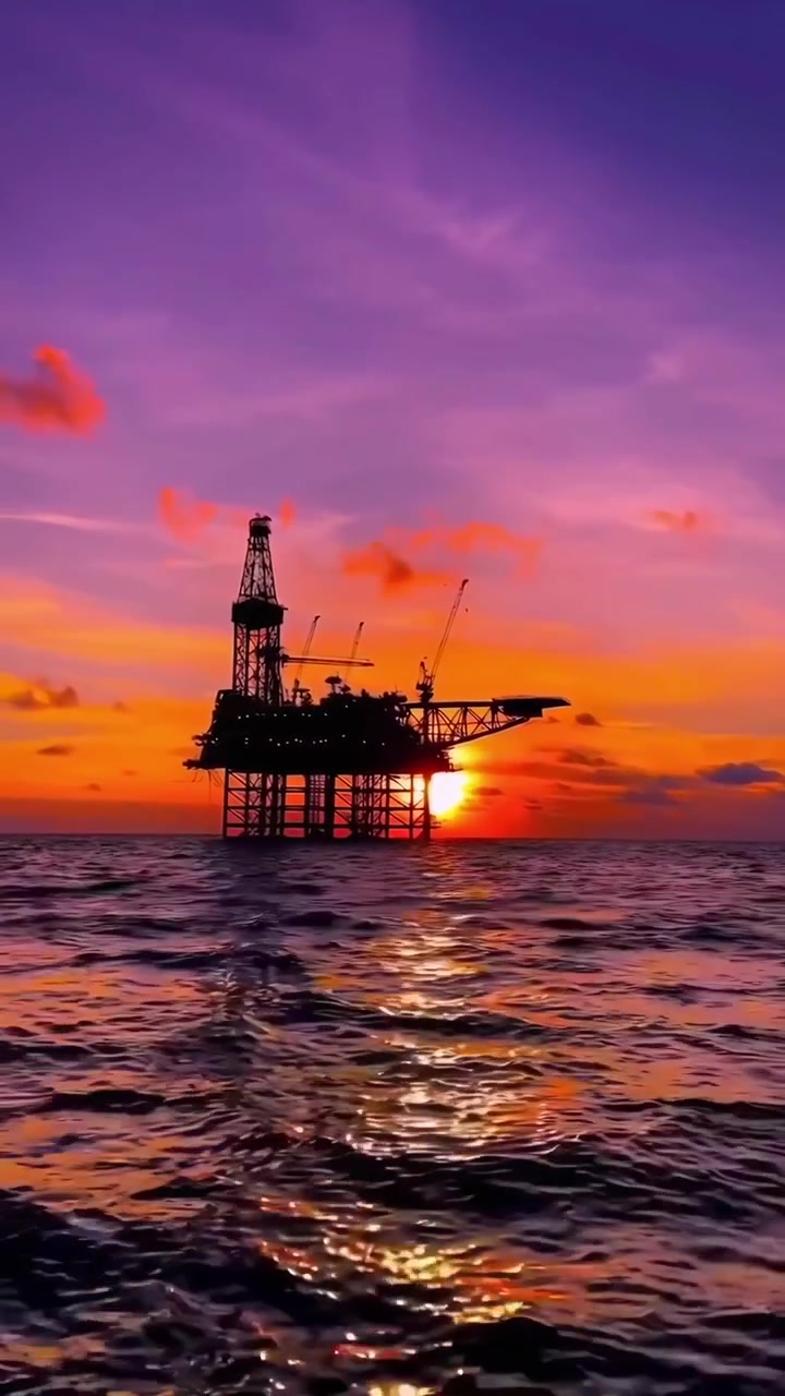 Havboreplatform i silhuet mod en dramatisk solnedgangshimmel