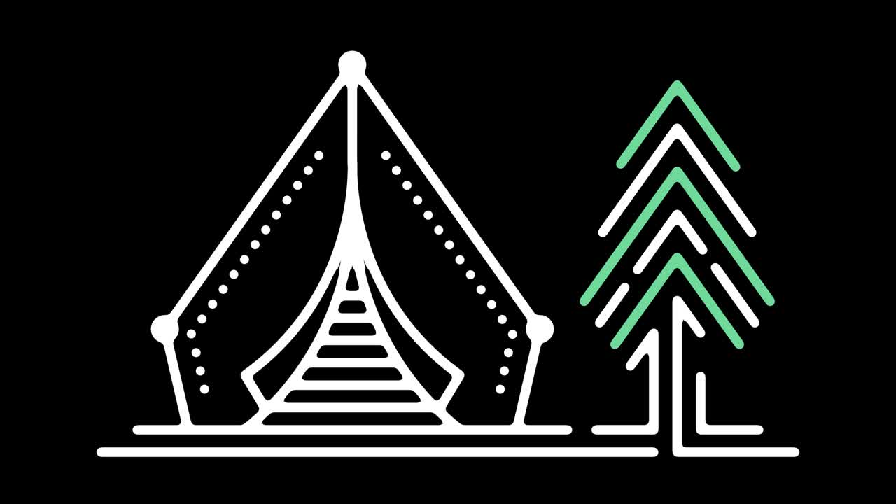 알파와 함께 텐트 캠핑 사이트 라인 아이콘 애니메이션